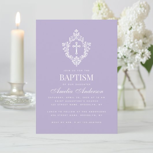 Lavender Baptism Cross Floral Crest Elegant Purple Einladung
