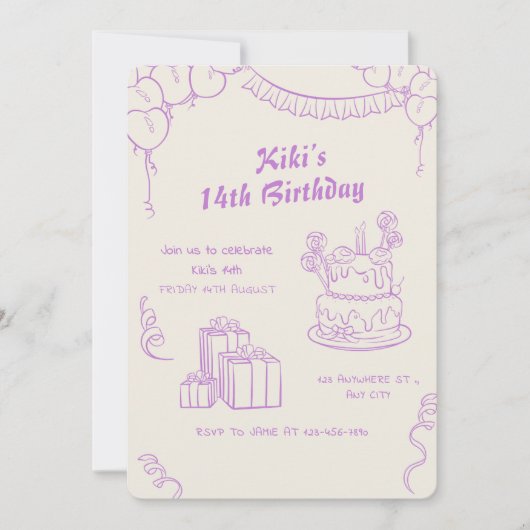 Lavender Beige Whimsical 14. Geburtstagsfeier Einladung (Vorderseite)