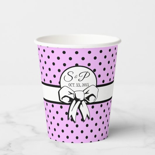 Lavender Black Polka Dot White Bow Personalisiert Pappbecher (Rückseite)
