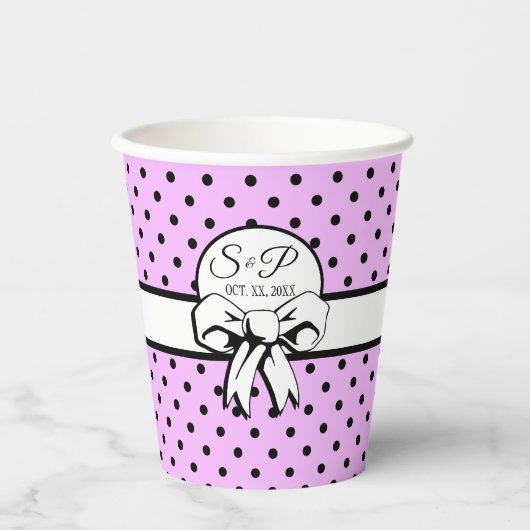 Lavender Black Polka Dot White Bow Personalisiert Pappbecher (Vorderseite)