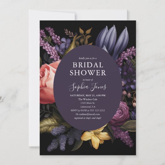 Lavender Bloom Dark Script Bridal Shower Einladung (Vorderseite)