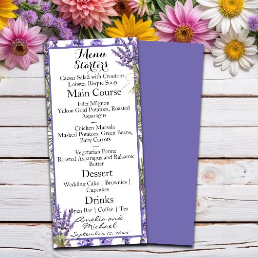 Lavender Blossom Garden Wedding Menükarte