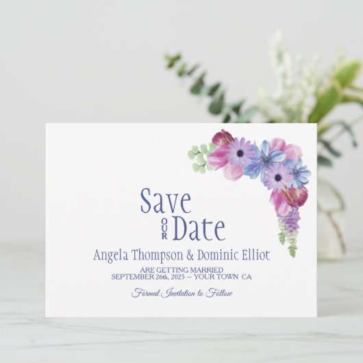 Lavender Blue Floral Wedding Save the Date (Stehend Vorderseite)