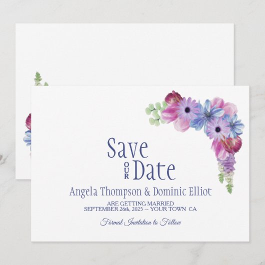 Lavender Blue Floral Wedding Save the Date (Vorne/Hinten)