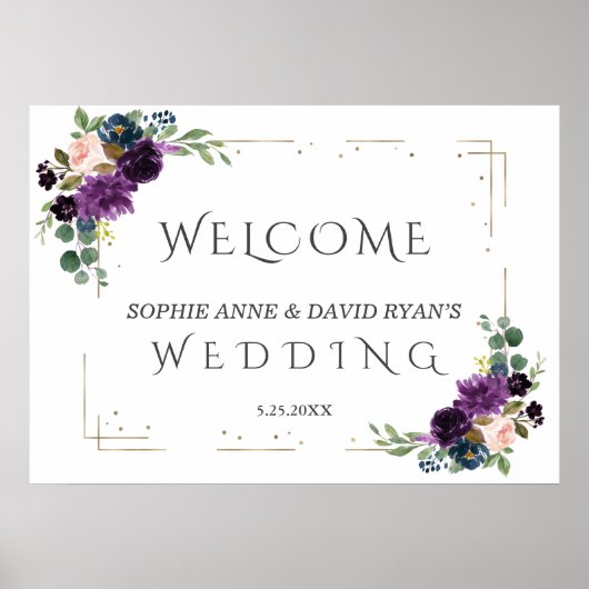 Lavender Blue Flowers Gold Wedding Willkommenszeic Poster (Vorne)