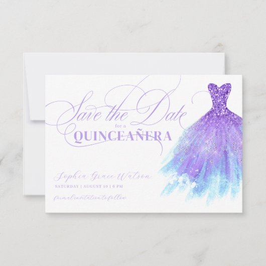 Lavender & Blue Glitzer Girly Dress Quinceanera Save The Date (Vorderseite)
