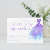 Lavender & Blue Glitzer Girly Dress Quinceanera Save The Date (Stehend Vorderseite)