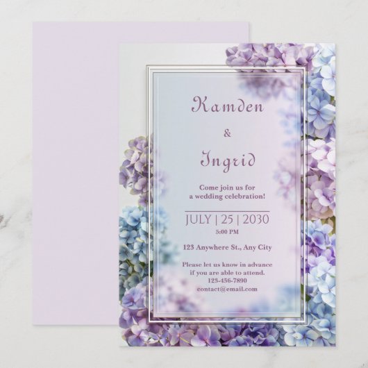 Lavender Blue Soft Focus Hydrangea Frame Wedding Einladung (Vorne/Hinten)