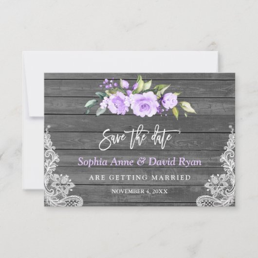 Lavender Blume Barn Wood Lace Wedding Save The Date (Vorderseite)