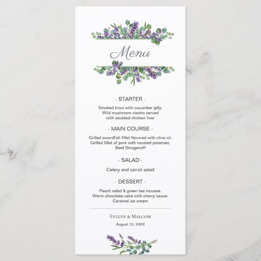 Lavender Blume Eucalyptus Foliage Wedage Menu Menükarte (Vorderseite)