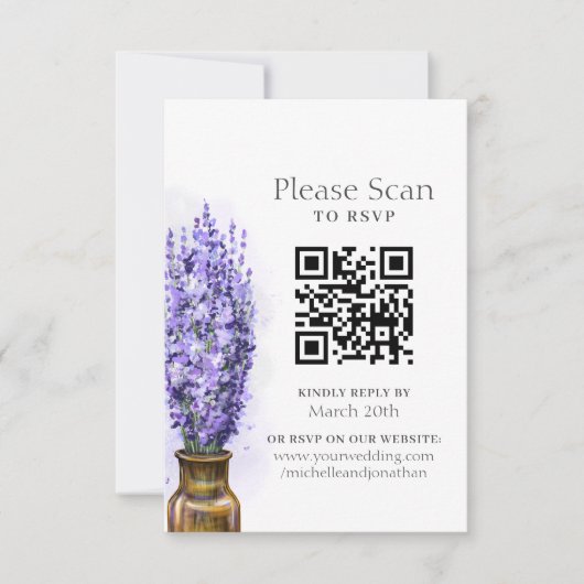 Lavender Blume Moderner QR-Code für Blumenhochzeit RSVP Karte (Vorderseite)