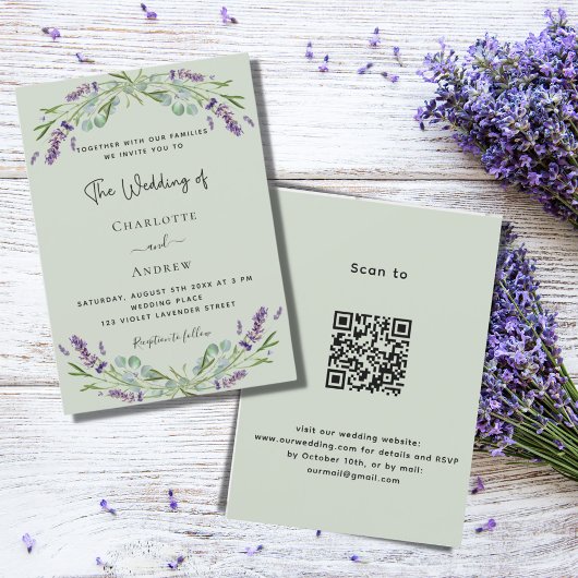 Lavender Blumengrün Salbei QR Hochzeit Einladung