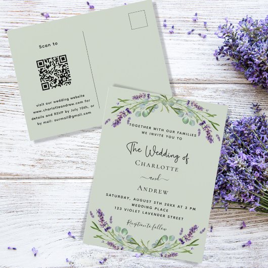 Lavender Blumengrün Salbei QR Hochzeit Einladungspostkarte