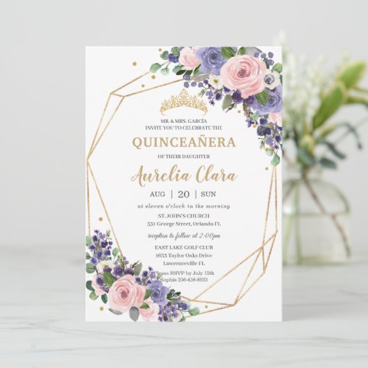 Lavender Blush Bloral Geometric 16. Quinceañera Einladung (Stehend Vorderseite)
