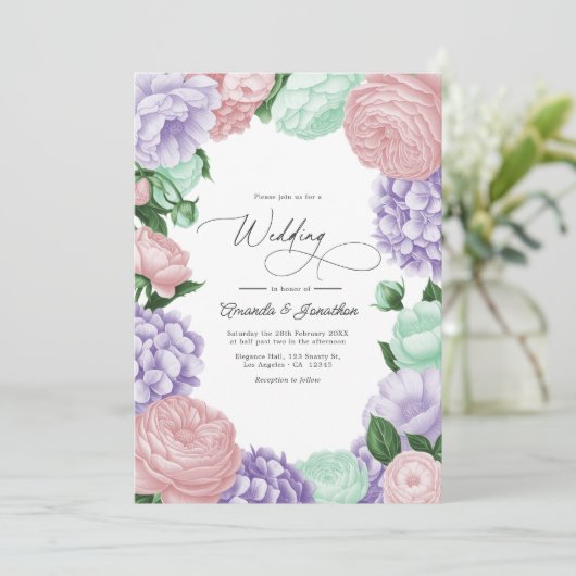 Lavender, Blush & Mint Floral Wedding Einladung (Stehend Vorderseite)