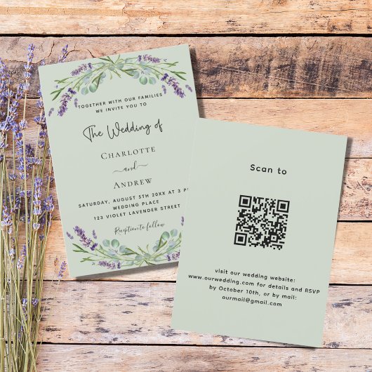Lavender Blütengrün QR Luxus-Hochzeit Einladung