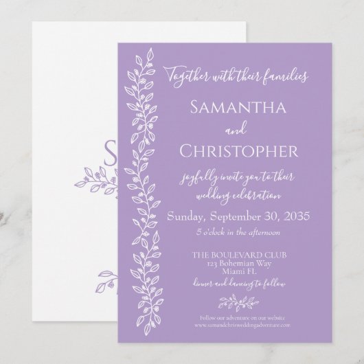 Lavender Boho Romantic Botanical Minimal Wedding Einladung (Vorne/Hinten)