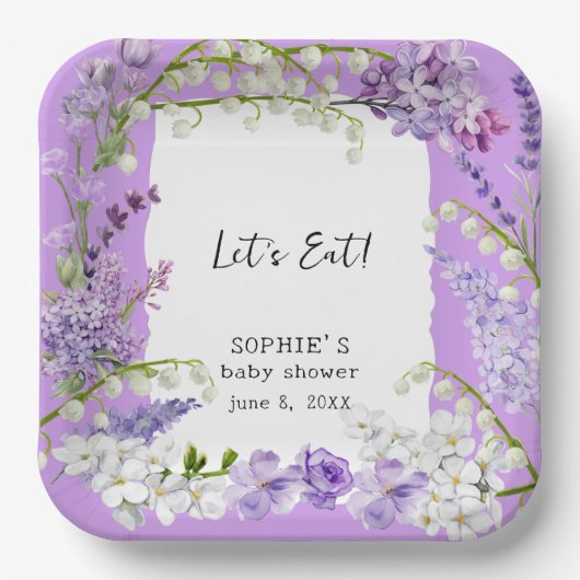 Lavender Boho Watercolor Florals Baby Dusche Pappteller (Vorderseite)