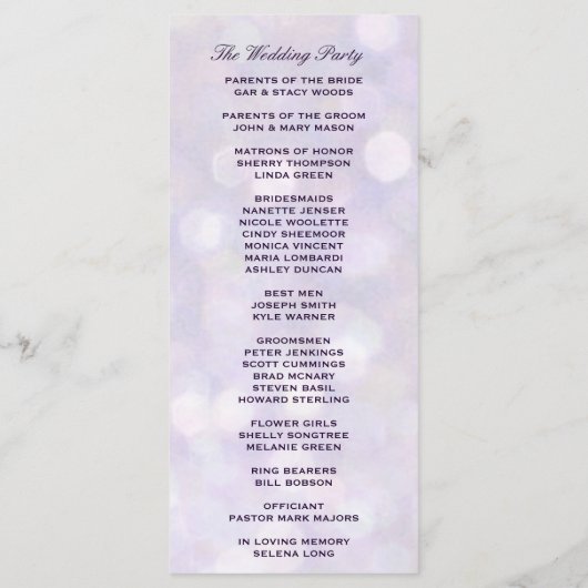 Lavender Bokeh Highlights Hochzeitsprogramm Programm (Rückseite)