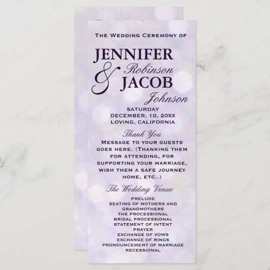 Lavender Bokeh Highlights Hochzeitsprogramm Programm (Vorne/Hinten)