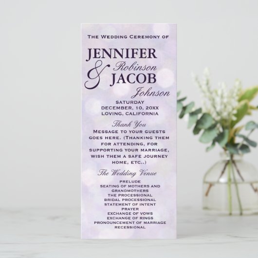 Lavender Bokeh Highlights Hochzeitsprogramm Programm (Stehend Vorderseite)