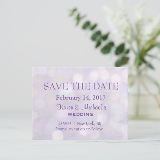 Lavender Bokeh | SAVE THE DATE Ankündigungspostkarte (Stehend Vorderseite)