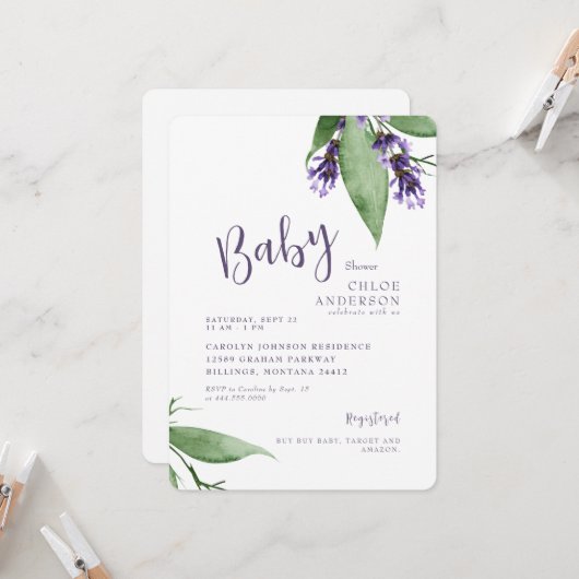 Lavender Botanical Baby Girl Dusche Einladung (Vorderseite/Rückseite Beispiel)