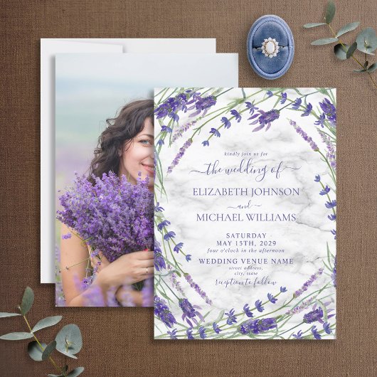 Lavender Botanical Frame Marmor Foto Hochzeit Einladung