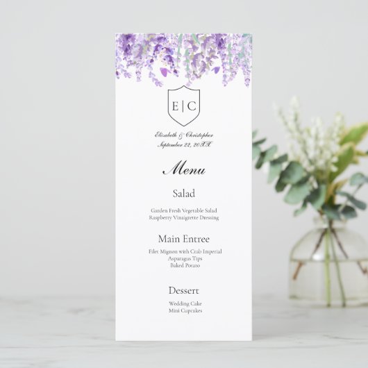 Lavender Botanical Monogram Wedding Menu (Stehend Vorderseite)