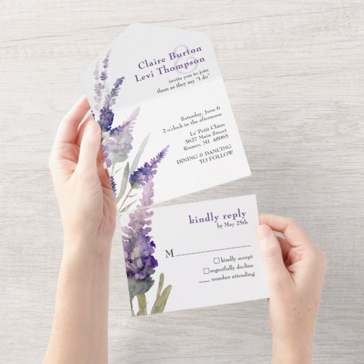 Lavender Botanical Purple Flowers Hochzeit All In One Einladung (Abreißen)
