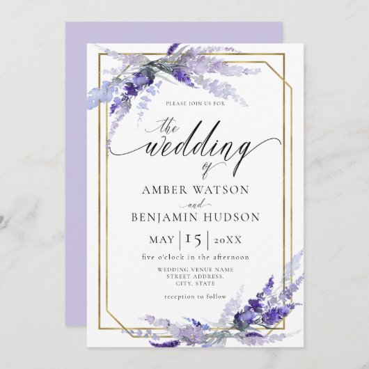 Lavender Botanische Floral Dusty Puple Wedding Einladung (Vorne/Hinten)