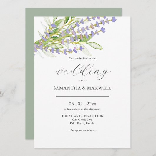 Lavender Botanische Hochzeitseinladung mit QR-Code Einladung (Vorne/Hinten)