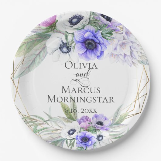 Lavender Botanischer Violet Anemone Blumenstrauß Pappteller (Vorderseite)