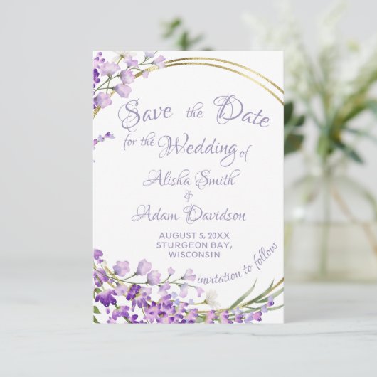 Lavender Bouquet Wreath Wedding Speichern Sie die Save The Date (Stehend Vorderseite)