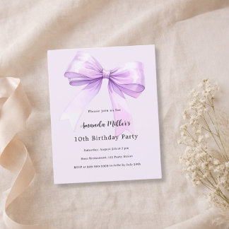 Lavender bow coquette girl birthday invitation