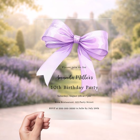 Lavender bow coquette girl luxury clear birthday acryleinladungen