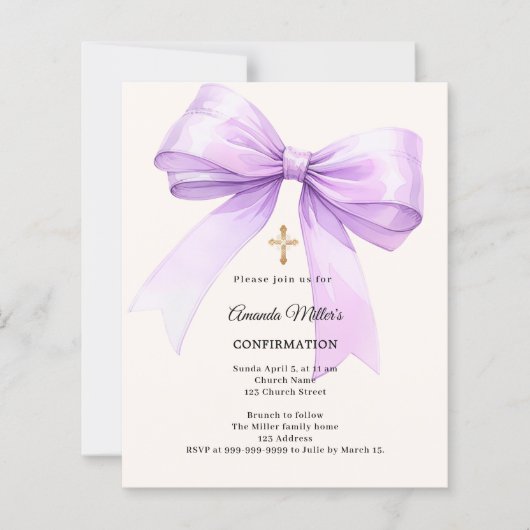 Lavender bow cream girl Confirmation invitation (Vorderseite)