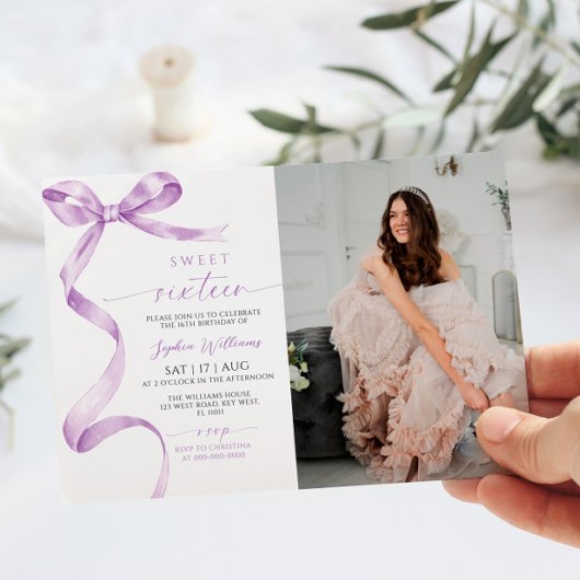 Lavender Bow Foto Sweet 16 Geburtstag Einladung