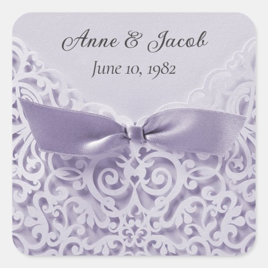 Lavender Bow on Lace Wedding Vow Erneuerung Quadratischer Aufkleber (Vorderseite)