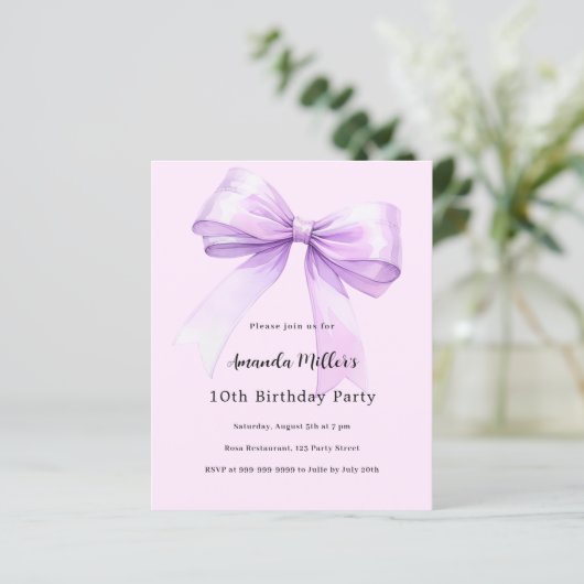 Lavender bow pink coquette birthday invitation (Stehend Vorderseite)