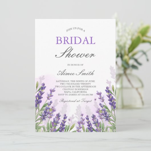 Lavender Bridal Dusche Einladung Lila rustikal (Stehend Vorderseite)