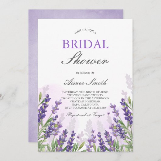 Lavender Bridal Dusche Einladung Lila rustikal (Vorne/Hinten)