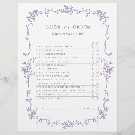 Lavender 'Bride or Groom' Bridal Shower Game  (Vorderseite)