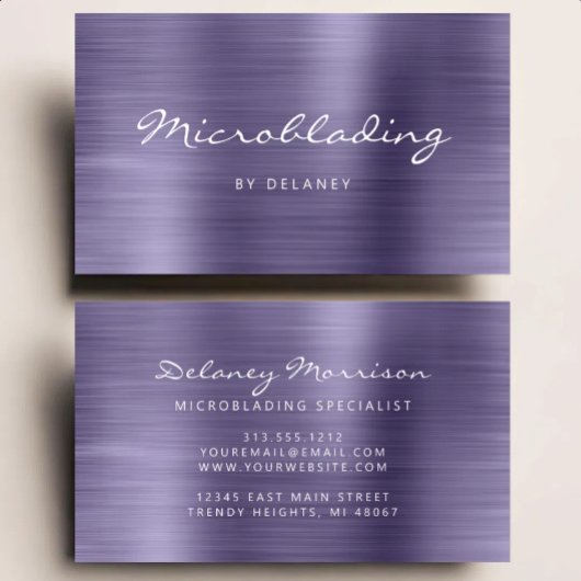 Lavender Brushed Metal Script Microblading Visitenkarte