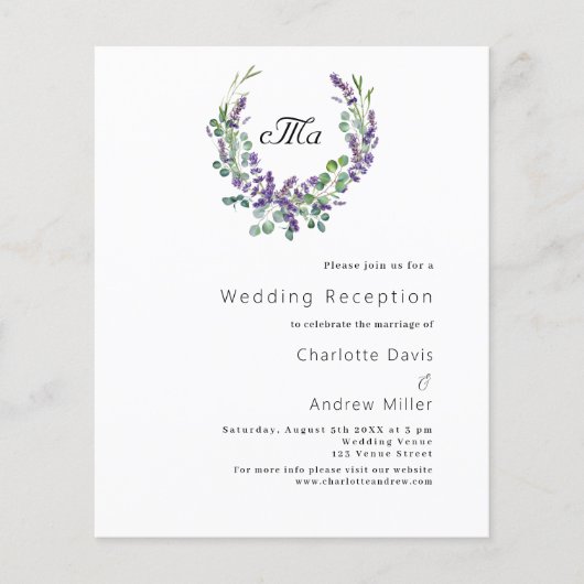 Lavender Budget Hochzeit Einladung (Vorderseite)