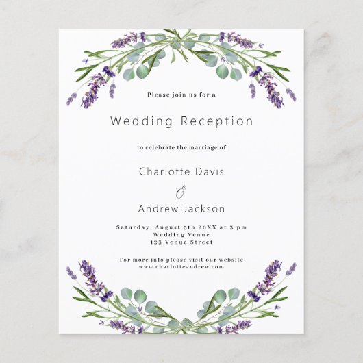 Lavender Budget Hochzeit Einladung (Vorderseite)