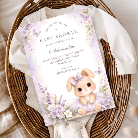 Lavender Bunny Floral Baby Shower Einladung