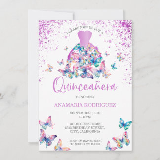 Lavender Butterfliegen Gown Blush Floral Quinceane Einladung
