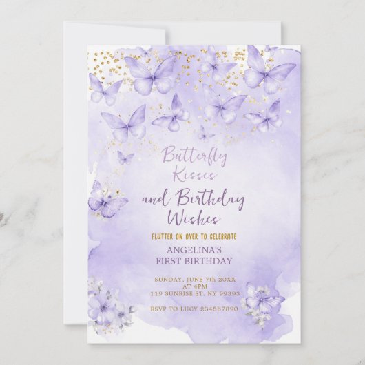 Lavender Butterfly First Birthday Invitation Einladung (Vorderseite)