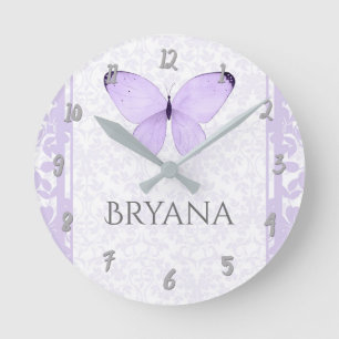 Lavender Butterfly Nursery Room Personalized Runde Wanduhr
